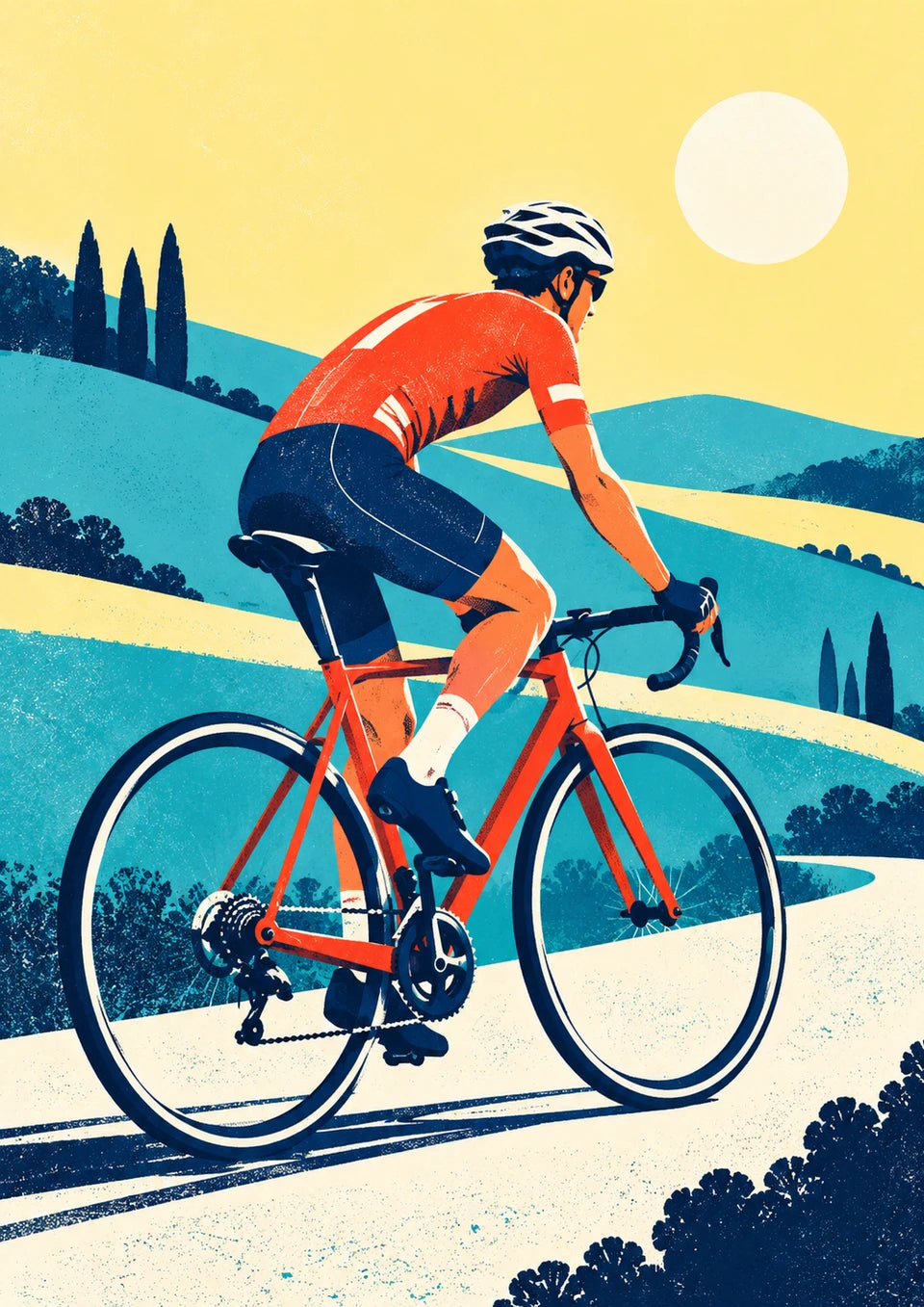 Weekend on two wheels - graphic screenprint illustration of one cyclist riding a red bicycle beside simplified rolling hills.