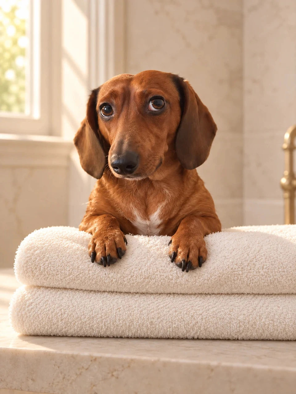 Dachshund peeking over folded towels.
