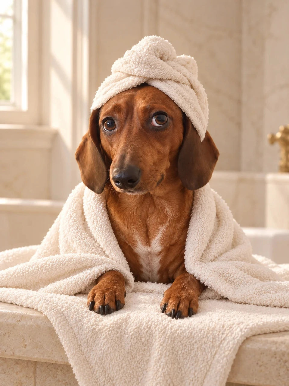 Dachshund wearing loosely arranged ivory spa towels.
