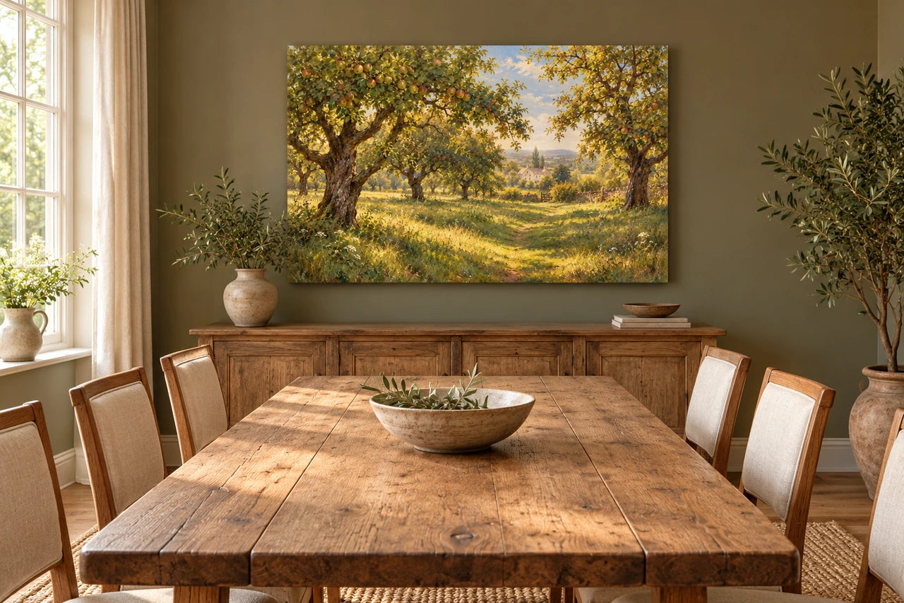 An imagined dining room in daylight with an orchard canvas above a sideboard, seen across an oak table.