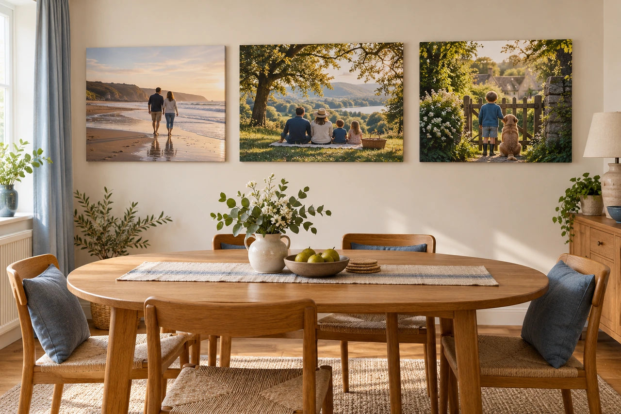 An imagined dining area with three separate family-photo canvas prints above an oak table.