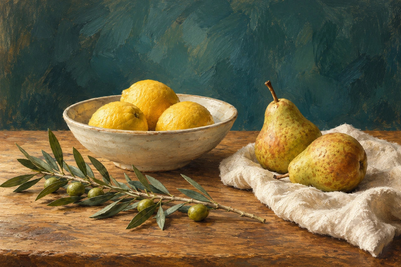 A painted dining-room still life of lemons, pears and an olive branch against a deep teal background.