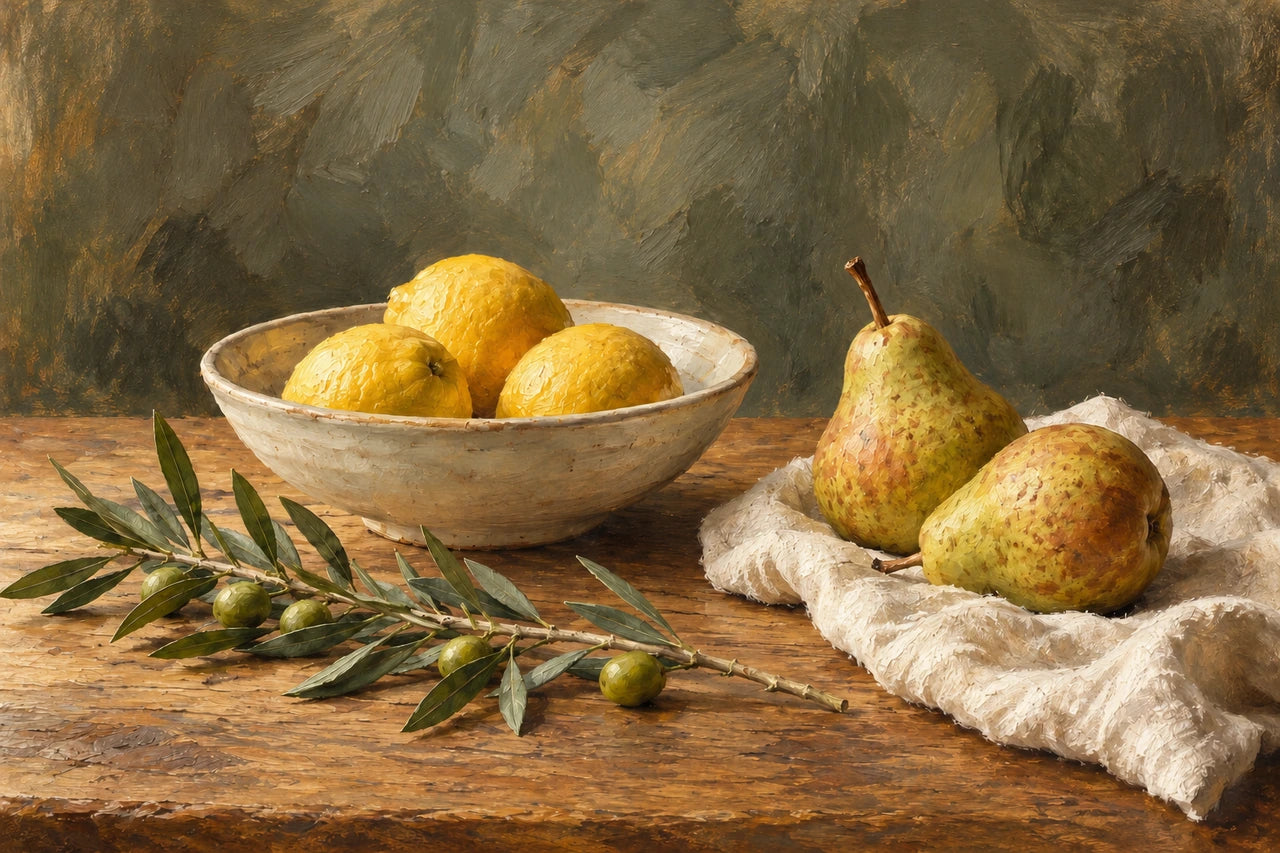 The still-life artwork revised towards a quieter warm olive-grey background and softer yellow fruit.