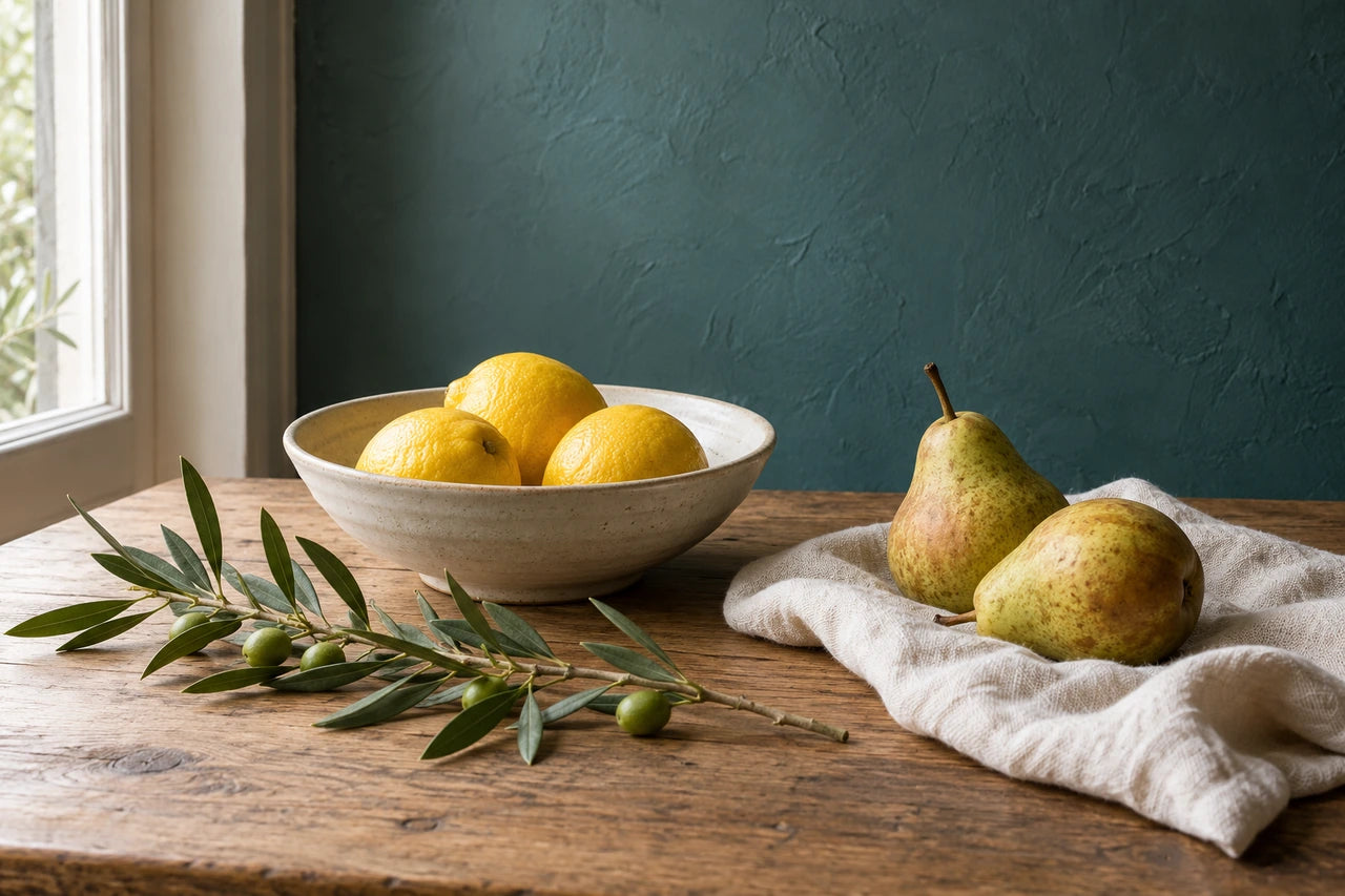 A fictional photographic-style still life with three lemons in a bowl, two pears, an olive branch and a teal wall.