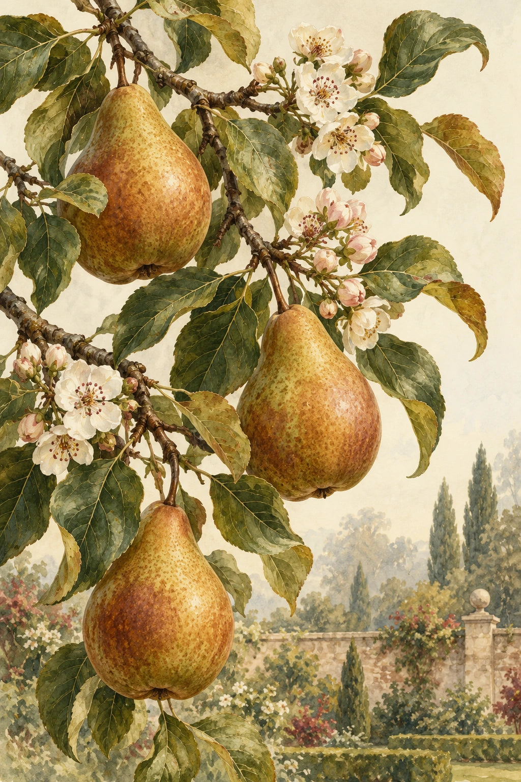 A portrait botanical-inspired artwork showing pears, olive-green leaves and pale blossom above a walled garden.