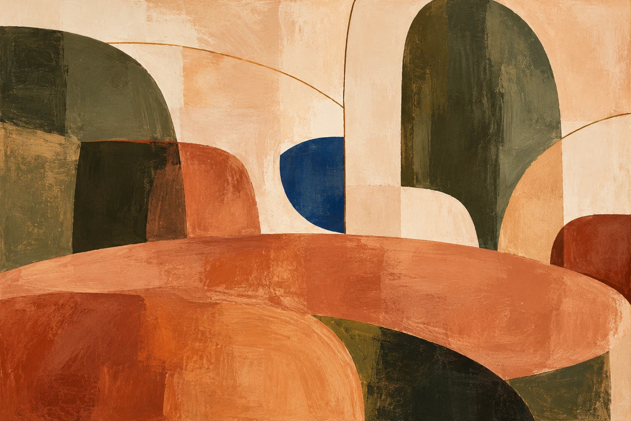 A warm abstract composition in terracotta, olive, ivory and a restrained ultramarine accent.