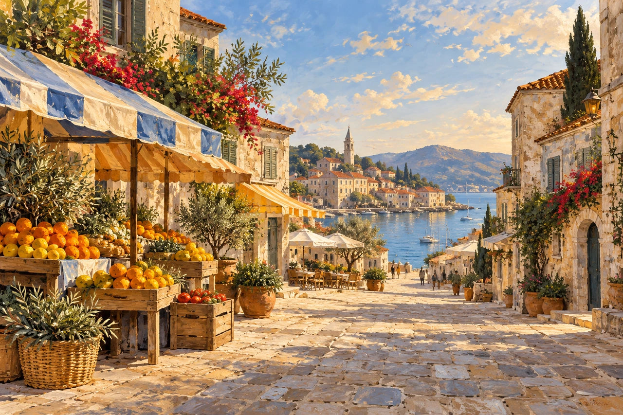 An imagined painted Mediterranean market street with citrus stalls, pale buildings and a harbour beyond.