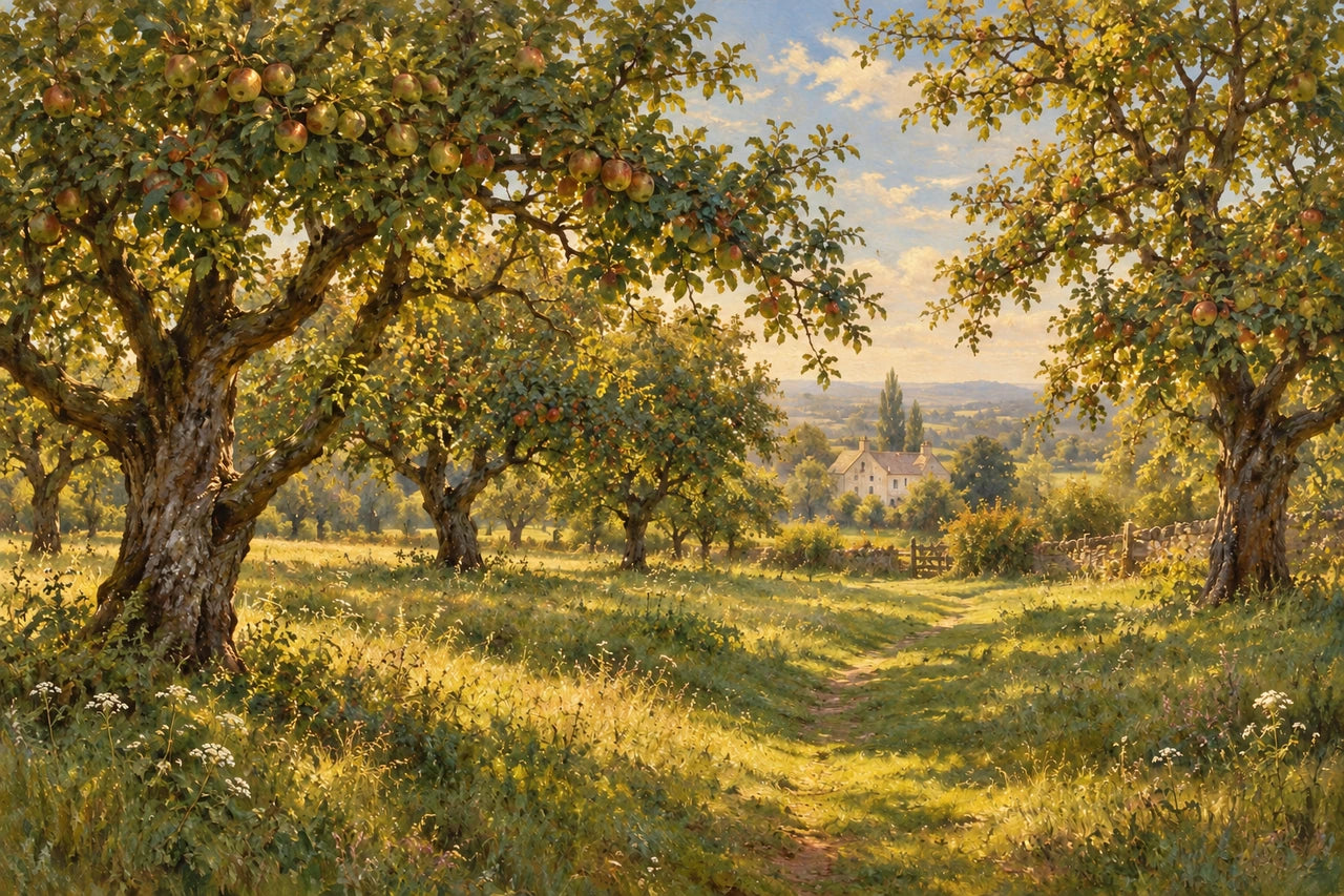 A luminous painted English orchard with apple trees, a path through the grass and a distant farmhouse.