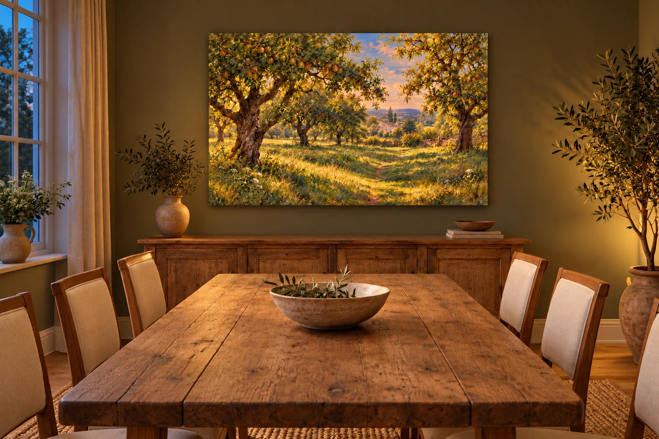 An imagined evening version of the dining room with warm light and the orchard canvas on the far wall.