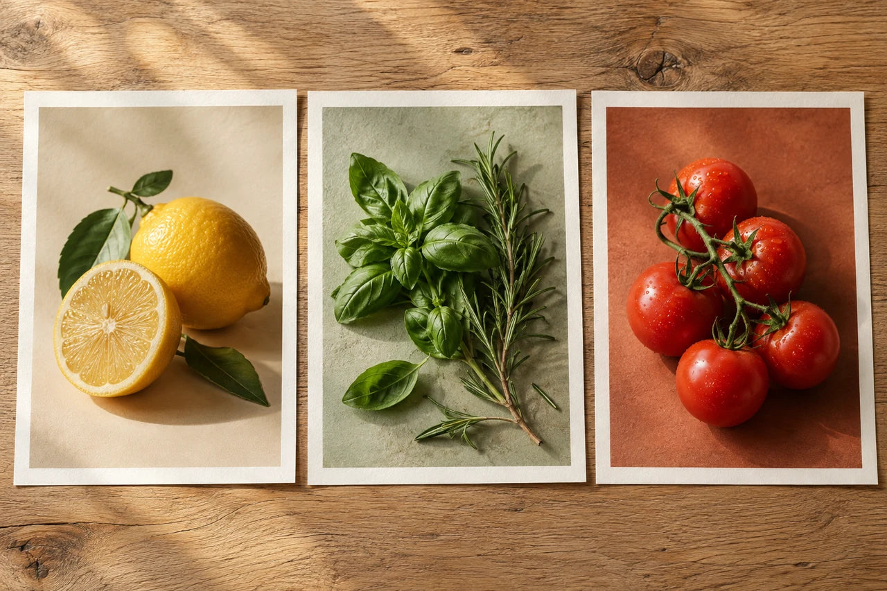 Three coordinated food and herb artwork ideas showing lemons, basil with rosemary, and tomatoes on separate sheets.