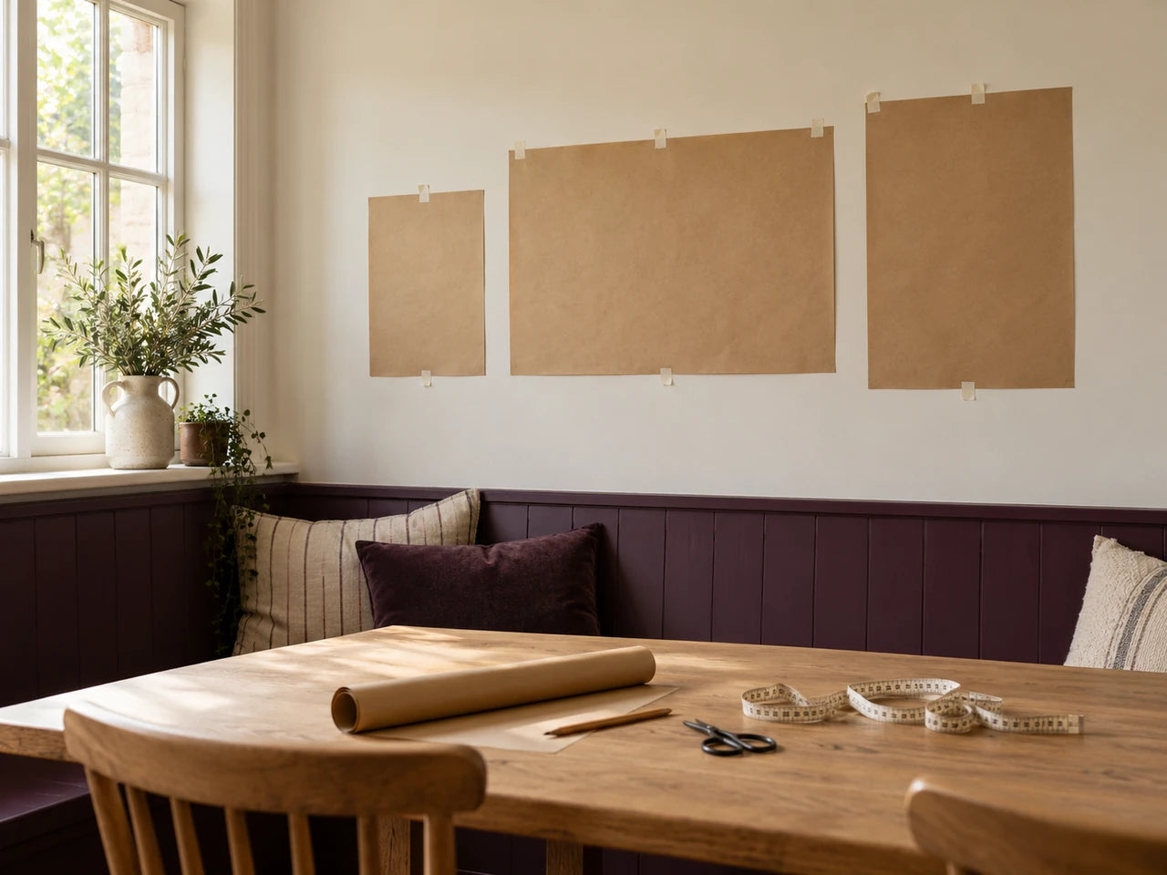 Brown paper picture templates taped above a dining bench, with paper, scissors and a tape measure on the table.