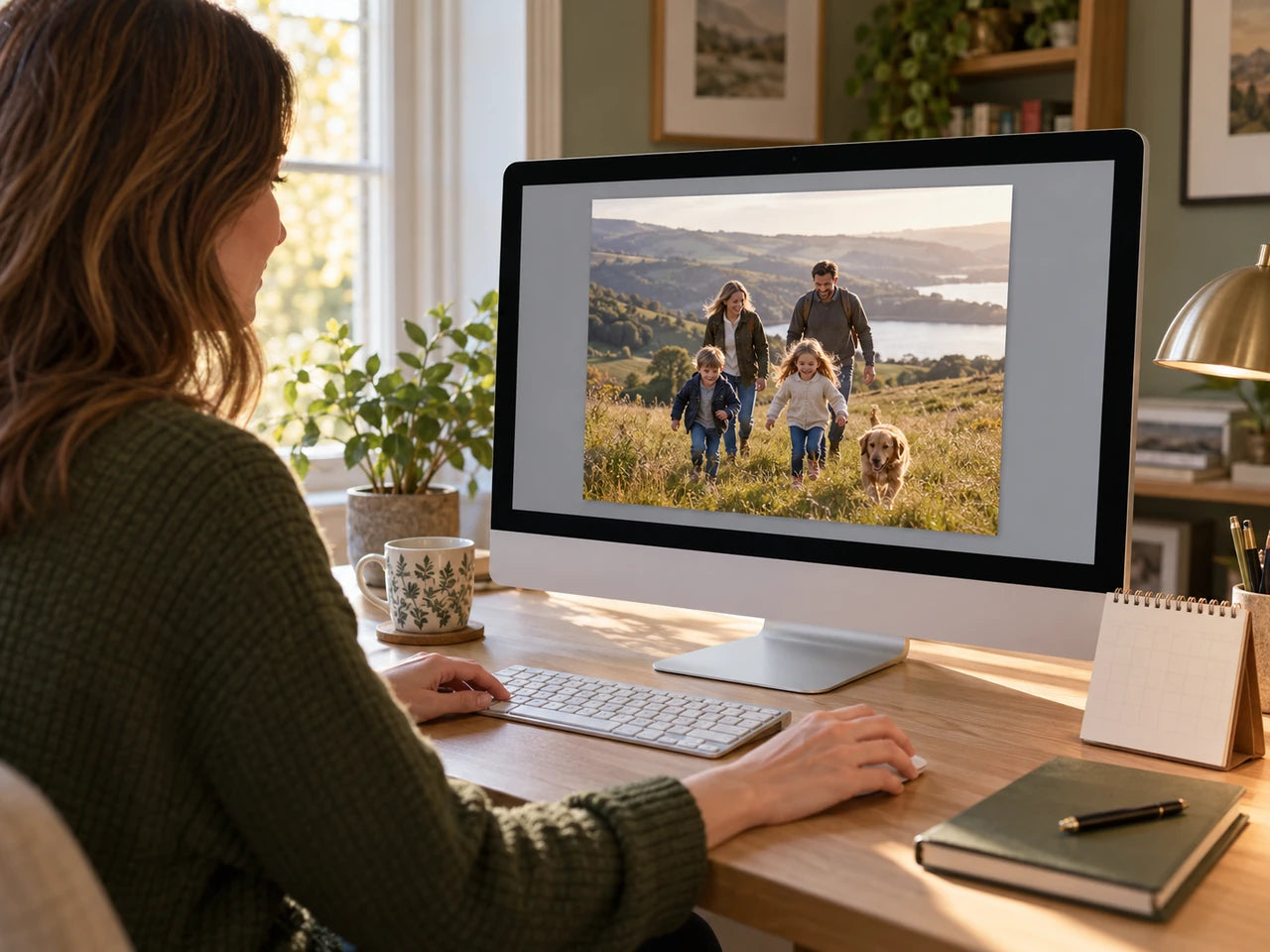 Choosing a family photograph on a desktop computer before ordering a canvas; AI editorial illustration.
