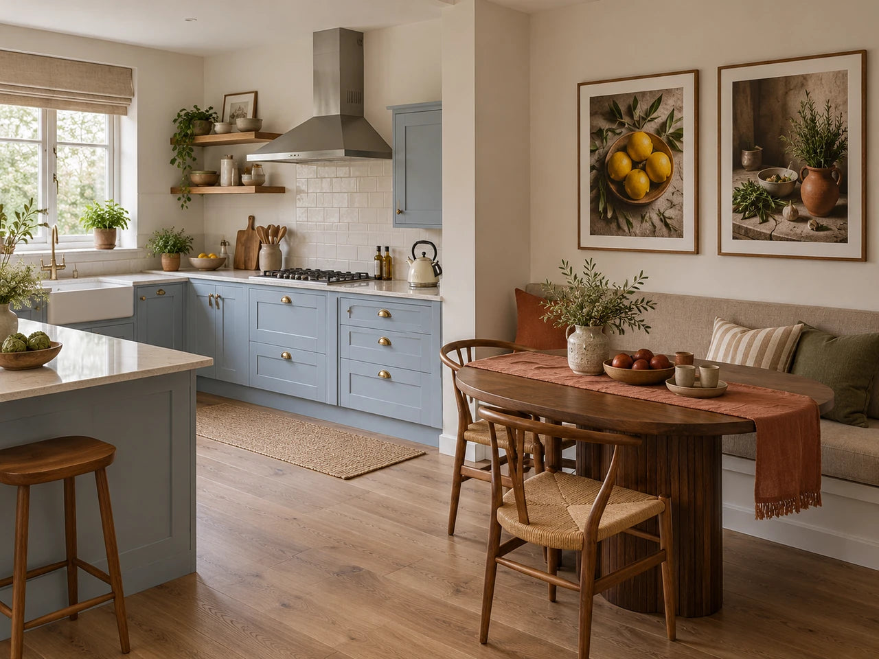 Kitchen-diner styling idea with the main pair of food pictures over the dining bench, separate from the cooking run.