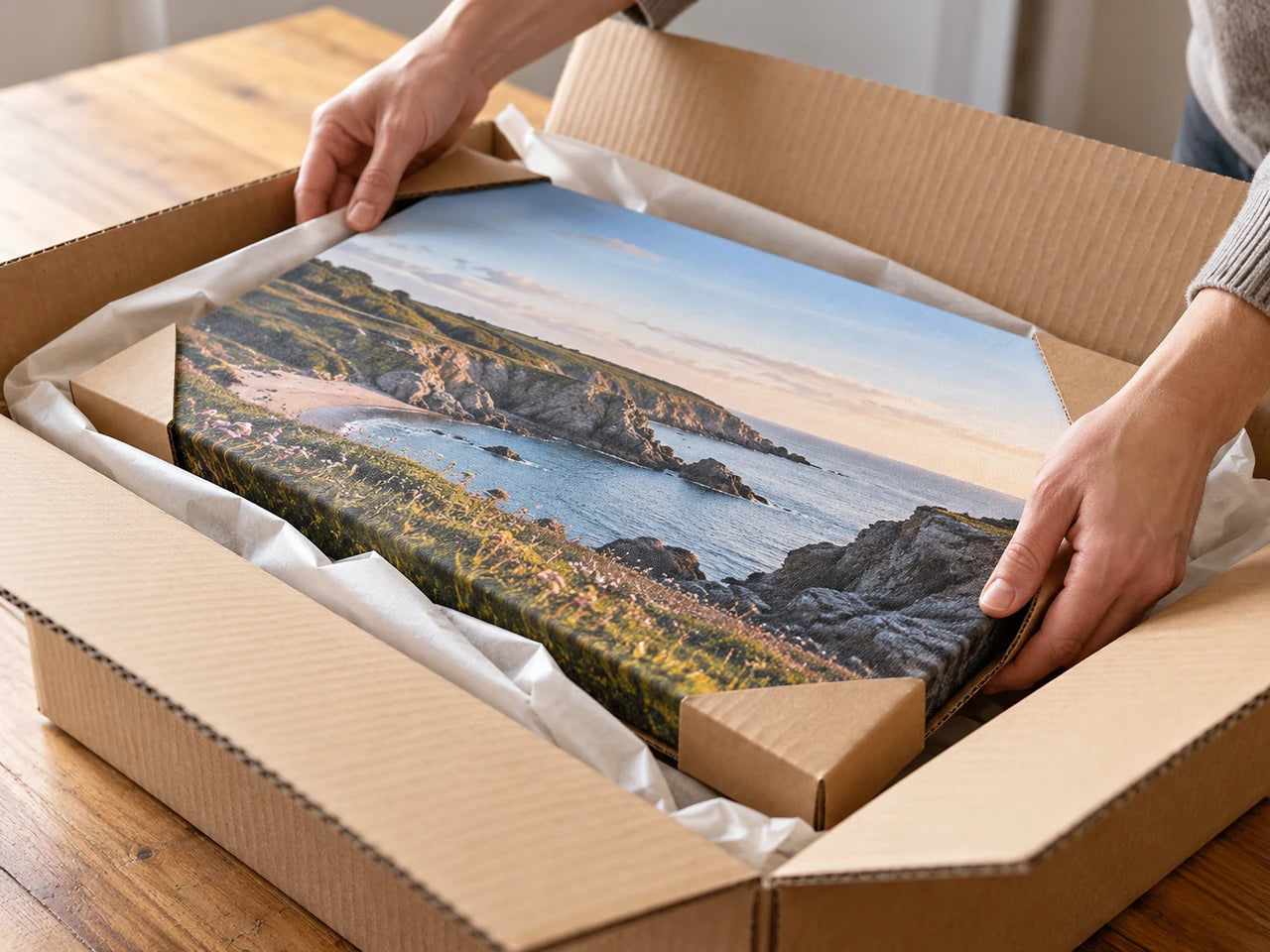 Hands placing a coastal canvas into a plain protective cardboard parcel; AI editorial illustration.