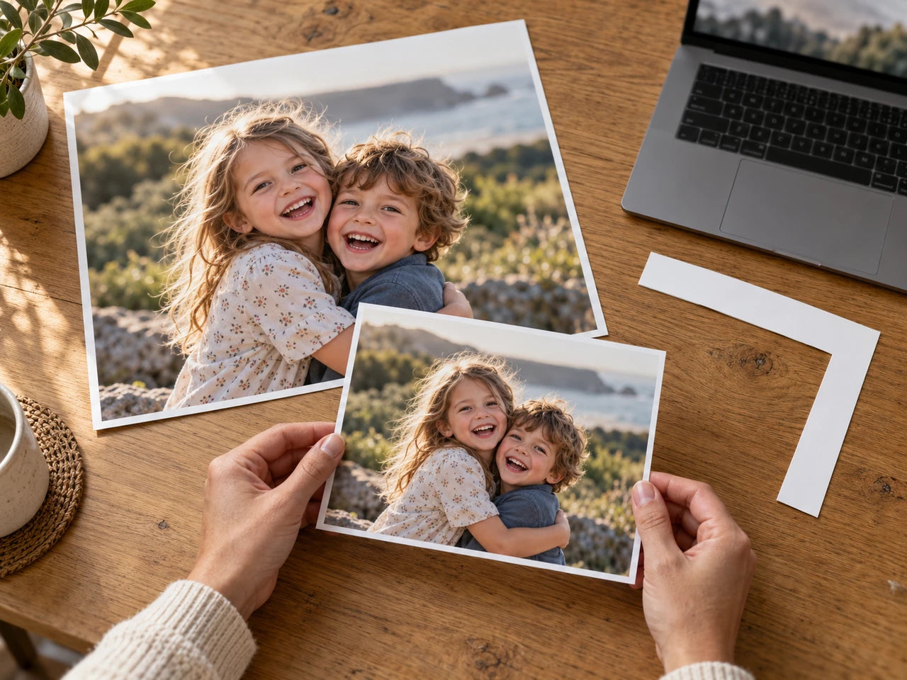 Family photographs and loose crop guides on a wooden table; AI editorial illustration.