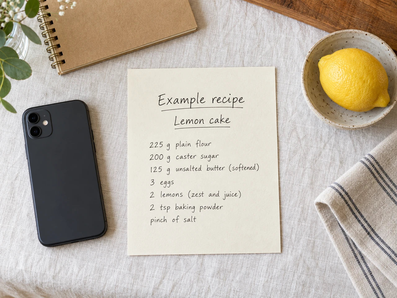 An example handwritten lemon-cake card on pale linen beside a smartphone, notebook and lemon.