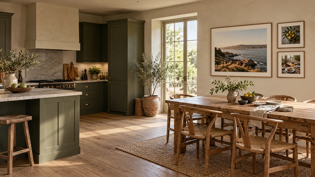 Kitchen-dining styling idea with olive cupboards, an oak table and a coastal picture beside two smaller food pictures.
