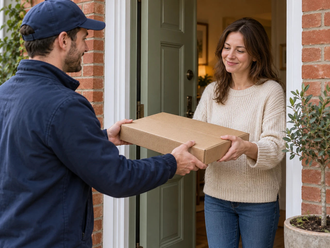 A generic courier handing a flat cardboard parcel to a recipient at home; AI editorial illustration.