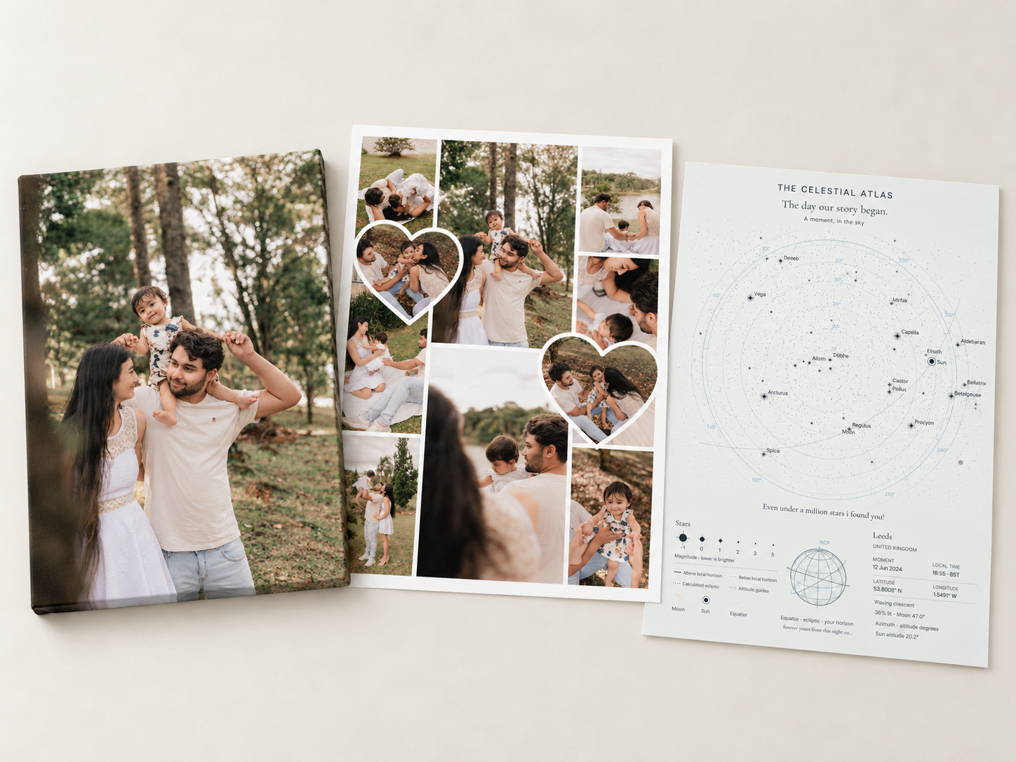 Family photo canvas, wedding photo collage poster and Celestial Atlas star map displayed together
