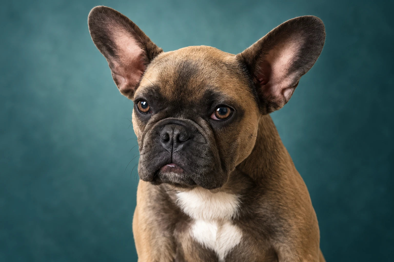 AI-created fawn dog head-and-chest portrait against teal