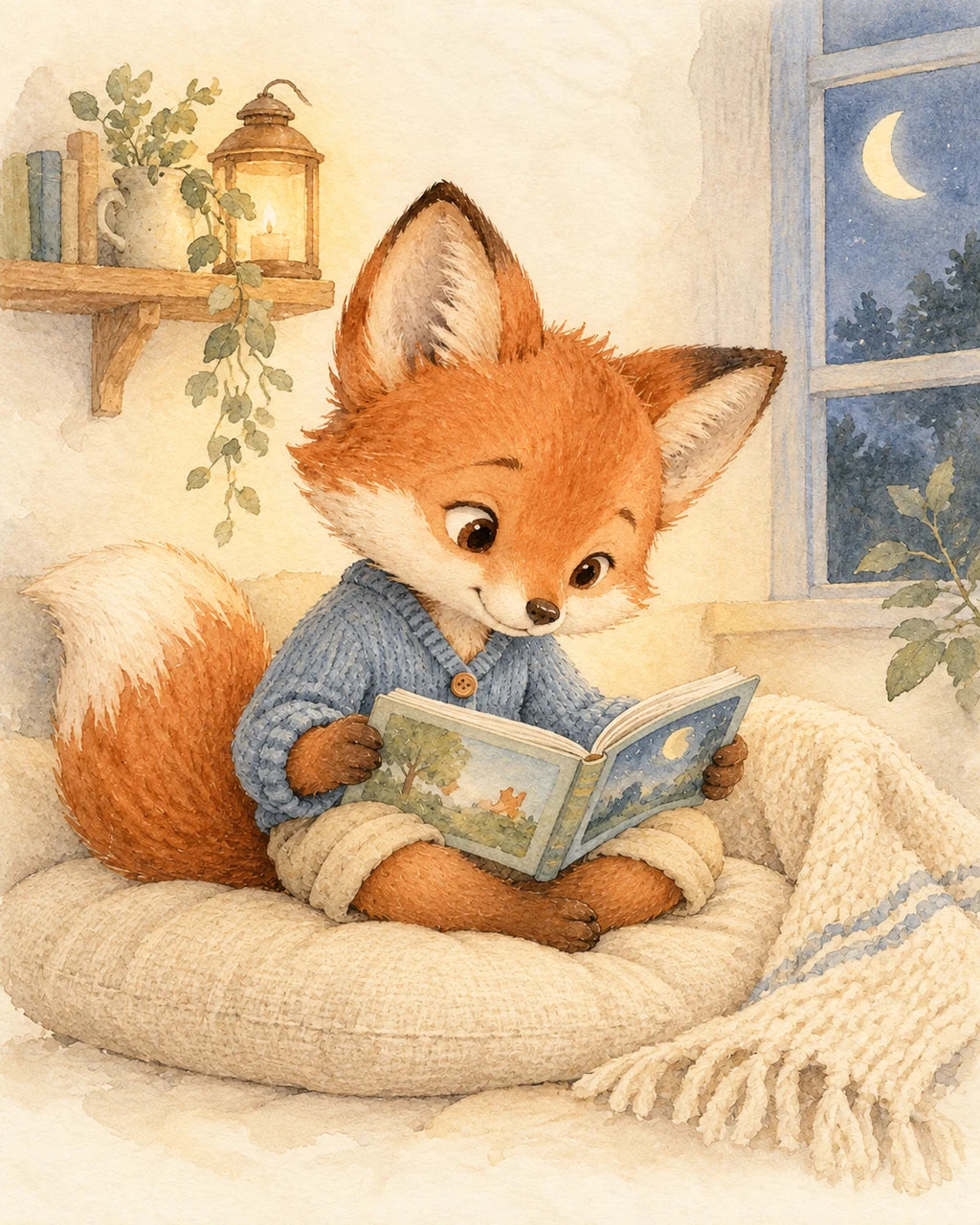 The fox reading on a cushion beside a softly lit moonlit window.
