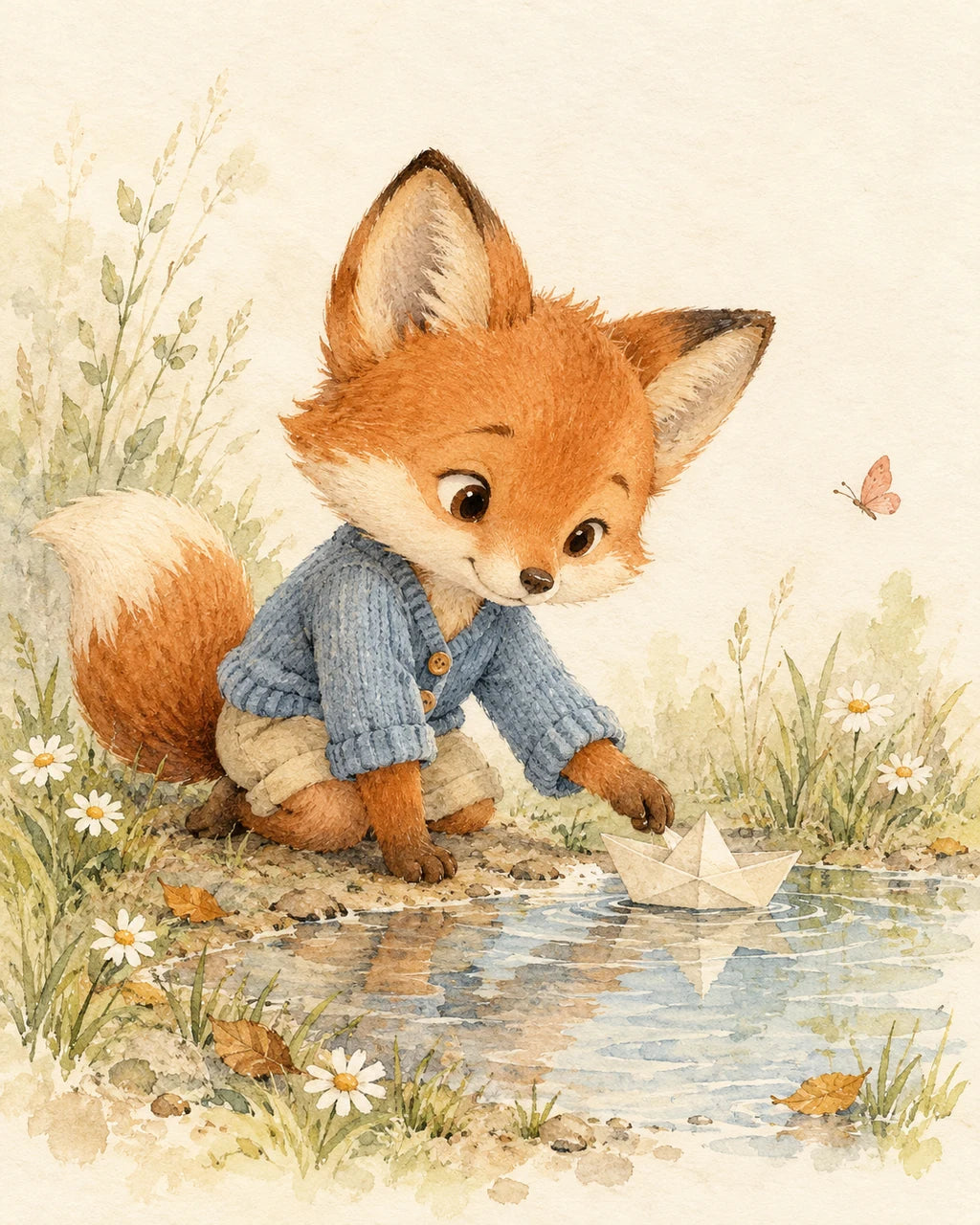 A russet fox in a dusty-blue cardigan kneeling beside a puddle and a cream paper boat.