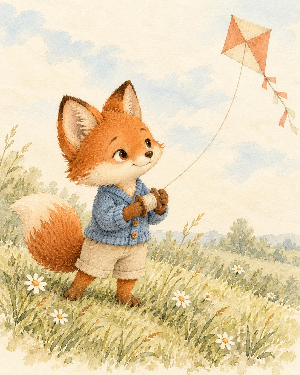 The same fox flying a cream-and-coral paper kite in a meadow.