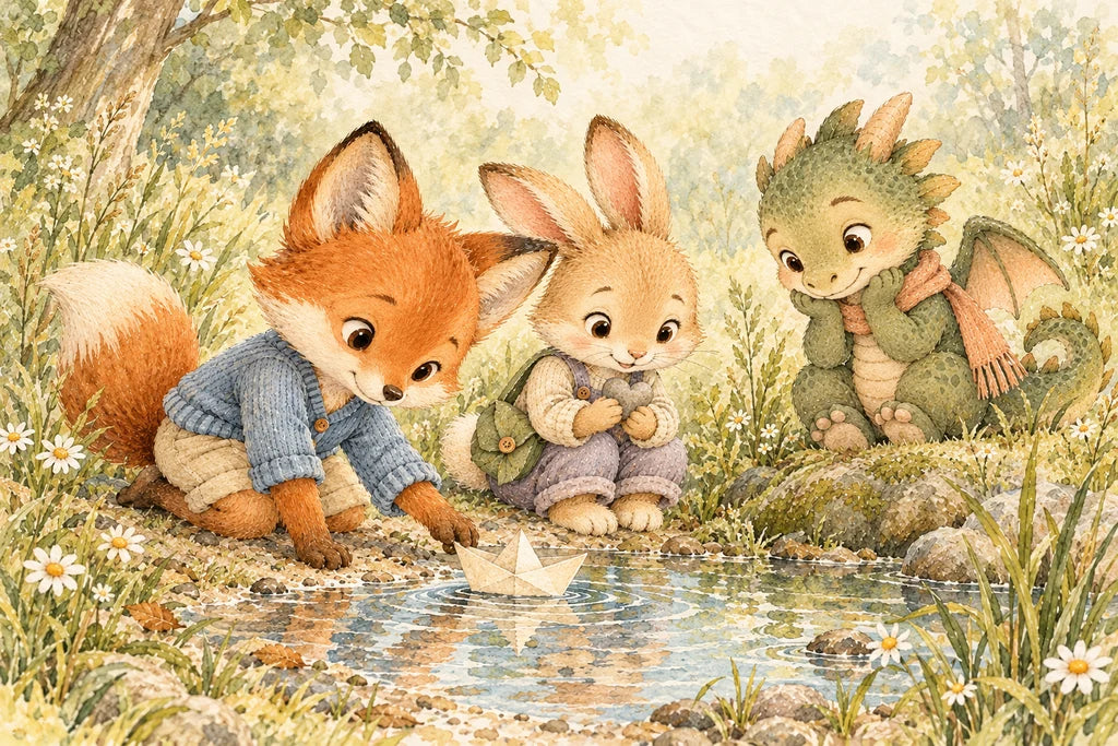 Fox, rabbit and small dragon gathered beside a woodland stream with a paper boat.