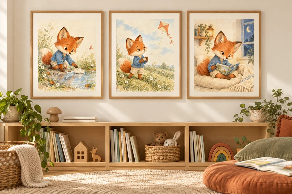 AI-created child’s reading nook with the fox boat, kite and bedtime pictures in oak frames with mounts.