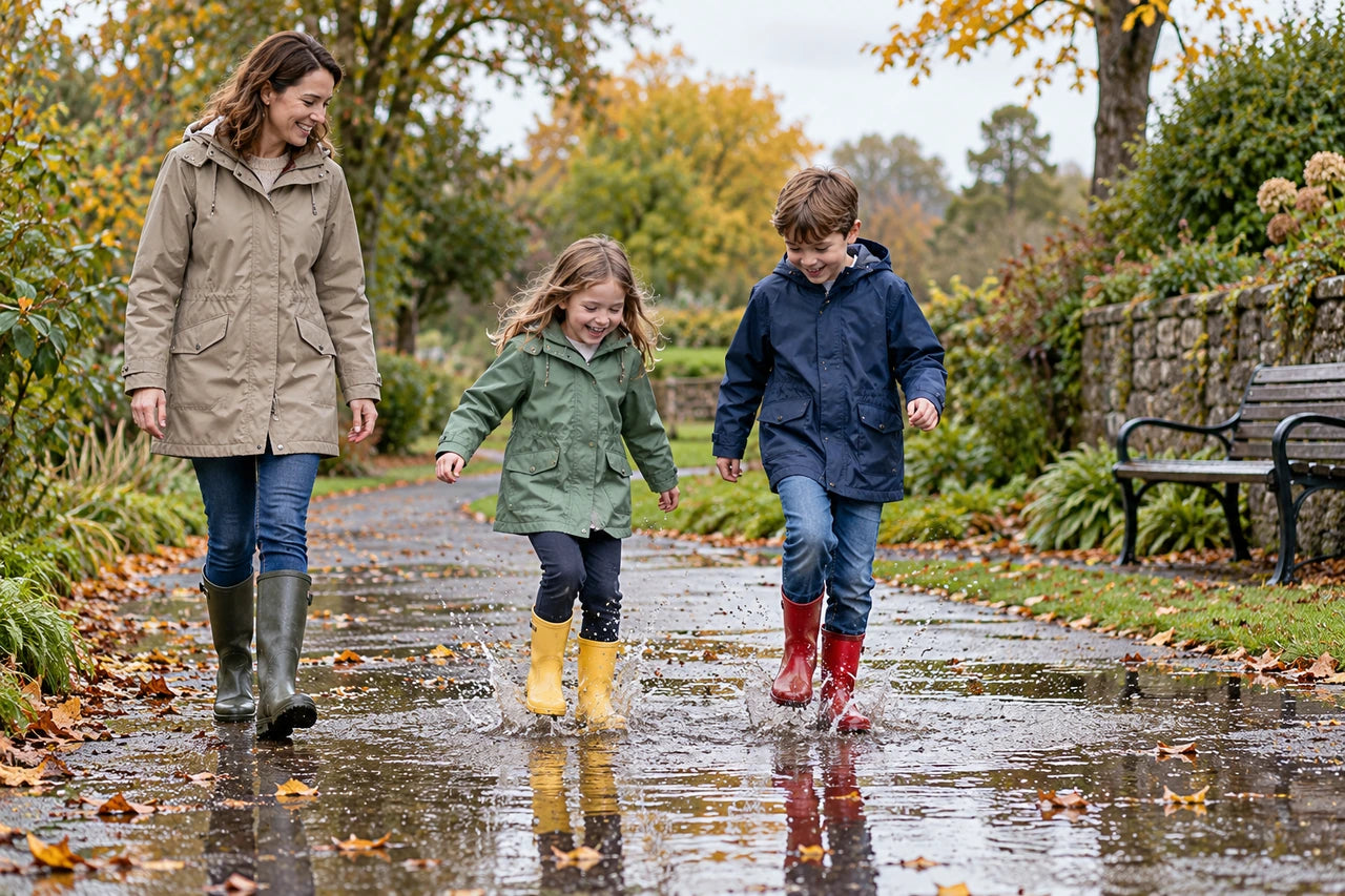 Two fictional children making a small puddle splash beside a supervising adult on a garden path.