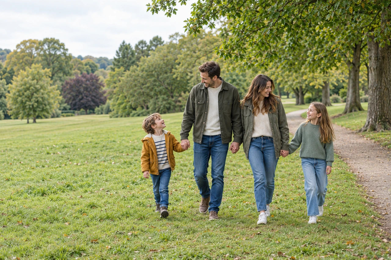 A fictional family walking together across a green park, looking towards one another.