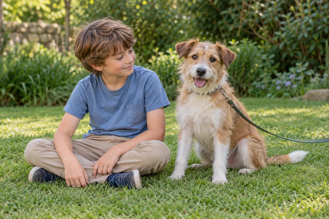 A fictional child seated beside a terrier in a garden, with a loose lead running out of view.