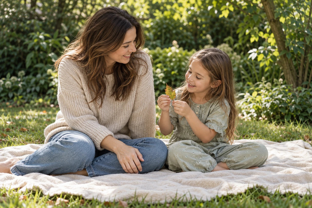 A fictional mother and child looking at a leaf together on a picnic blanket.