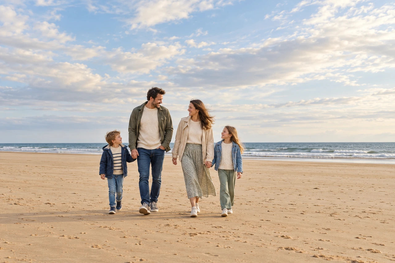 A fictional family walking on broad dry sand with sea and a large pale sky behind.