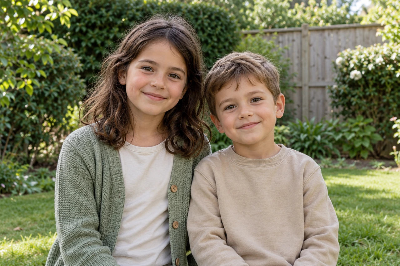 Two fictional siblings in sage and sand-coloured clothes, photographed against a quiet garden background.
