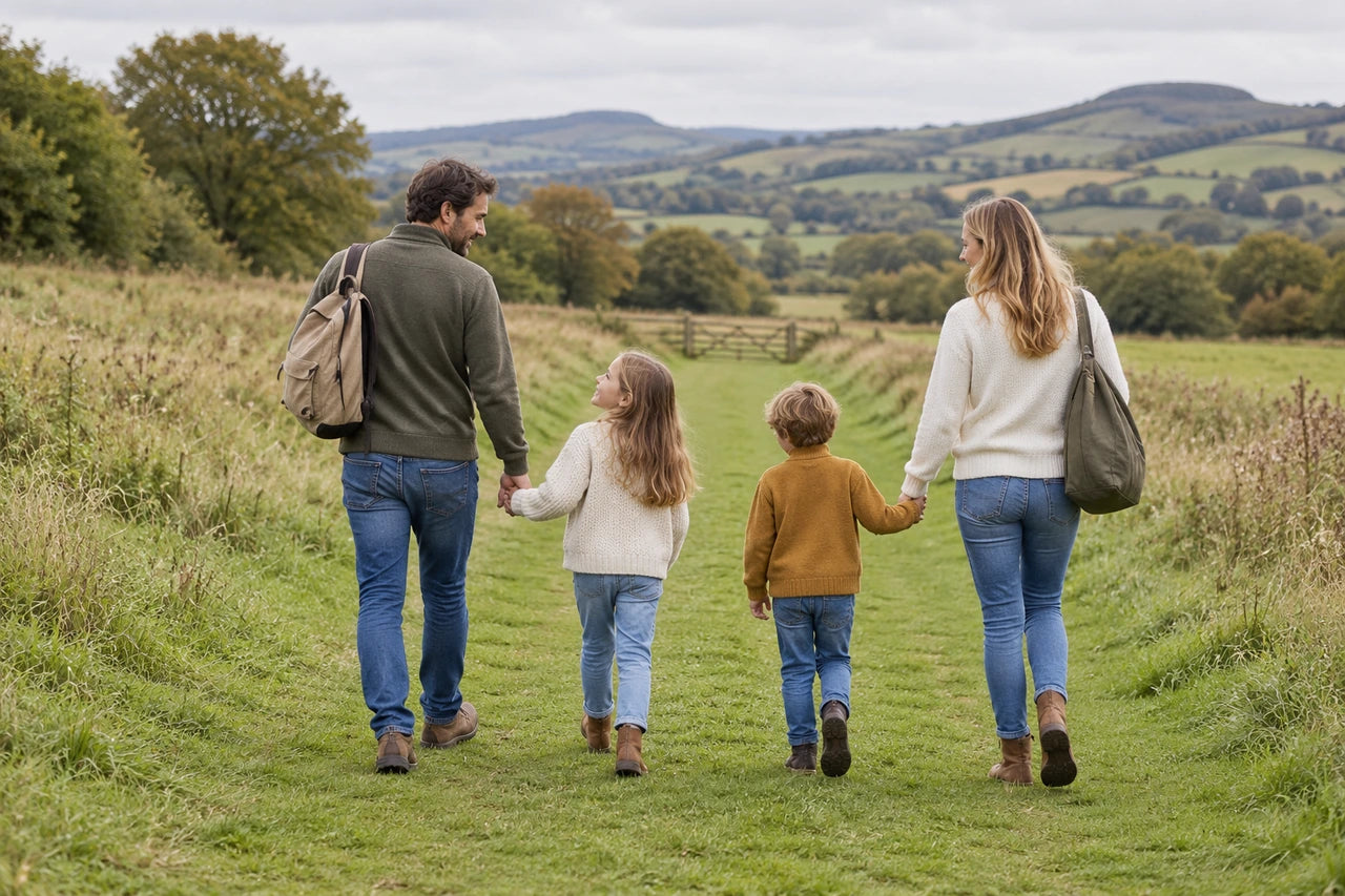 A fictional family seen from behind on a broad grassy path through soft countryside.