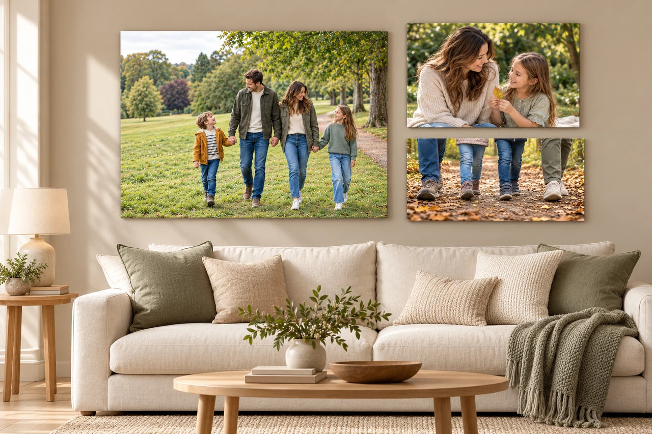 An imagined cream-and-oak living room with three separate family picture ideas: a park walk, a mother-and-child moment and a shoes detail.