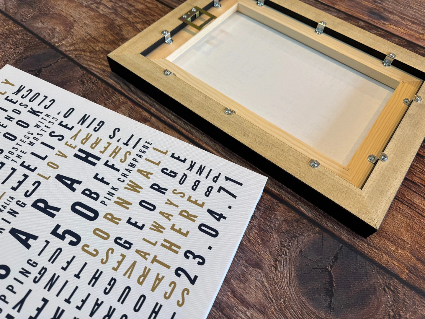 Back of a framed Word Art canvas showing the pine stretcher, metal clips and rectangular hanging fitting.