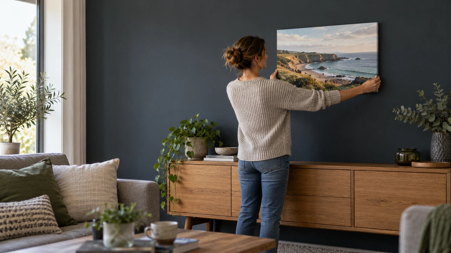 Room illustration of a person holding a coastal canvas against a wall to check its position.