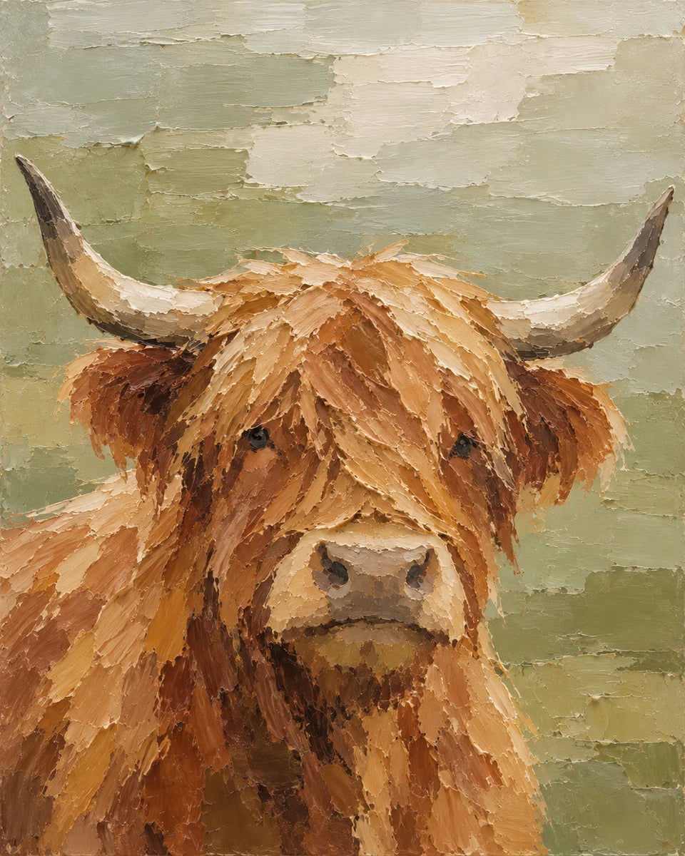 Russet Highland cow with broad painted hair shapes and both horns inside the picture