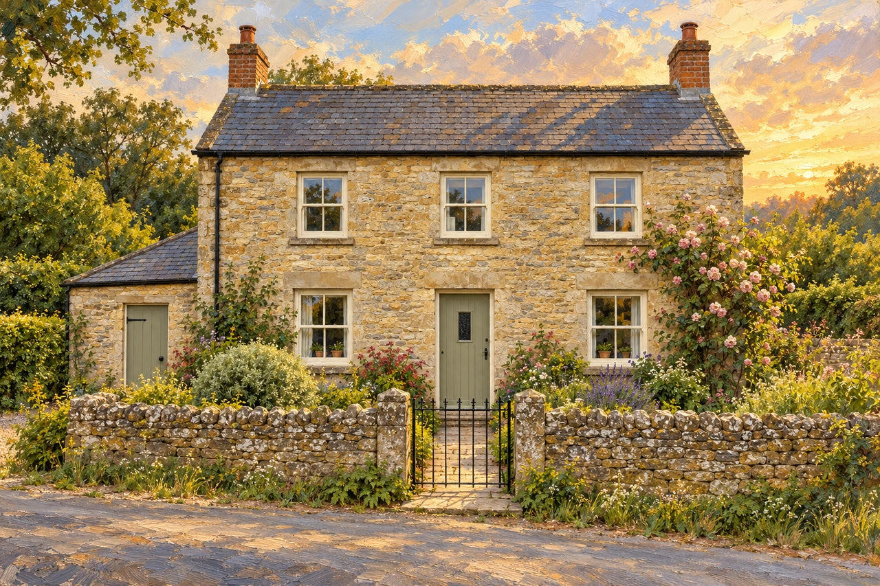 Warm oil-painting interpretation of the practice cottage, with a rose garden and golden evening sky.