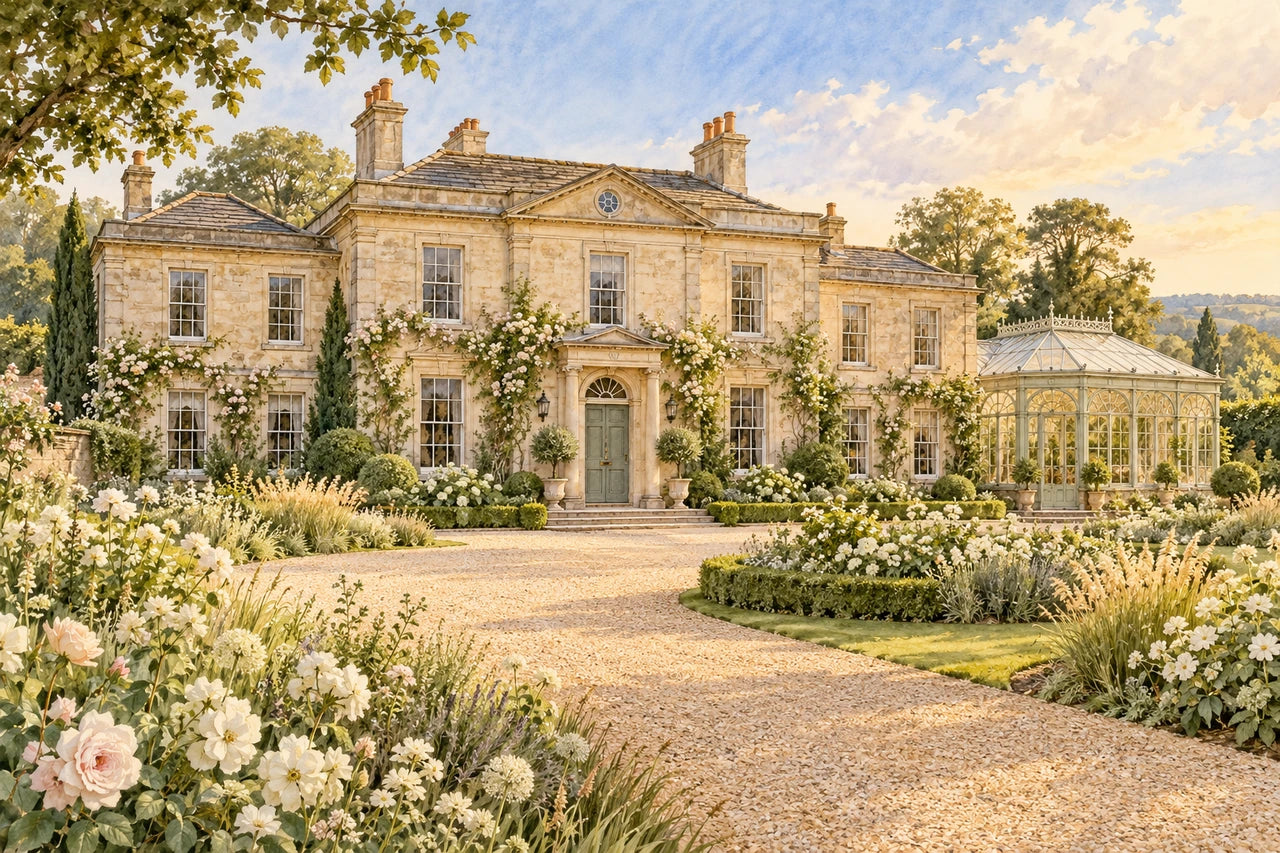 An imagined pale-stone English wedding venue with a glass orangery and soft white-flower garden, painted in watercolour.