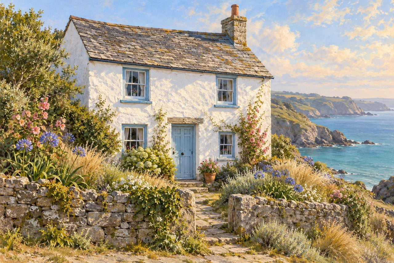 An oil-painting-style portrait of an imagined white Cornish cottage with a blue door, coastal flowers and a calm sea inlet.