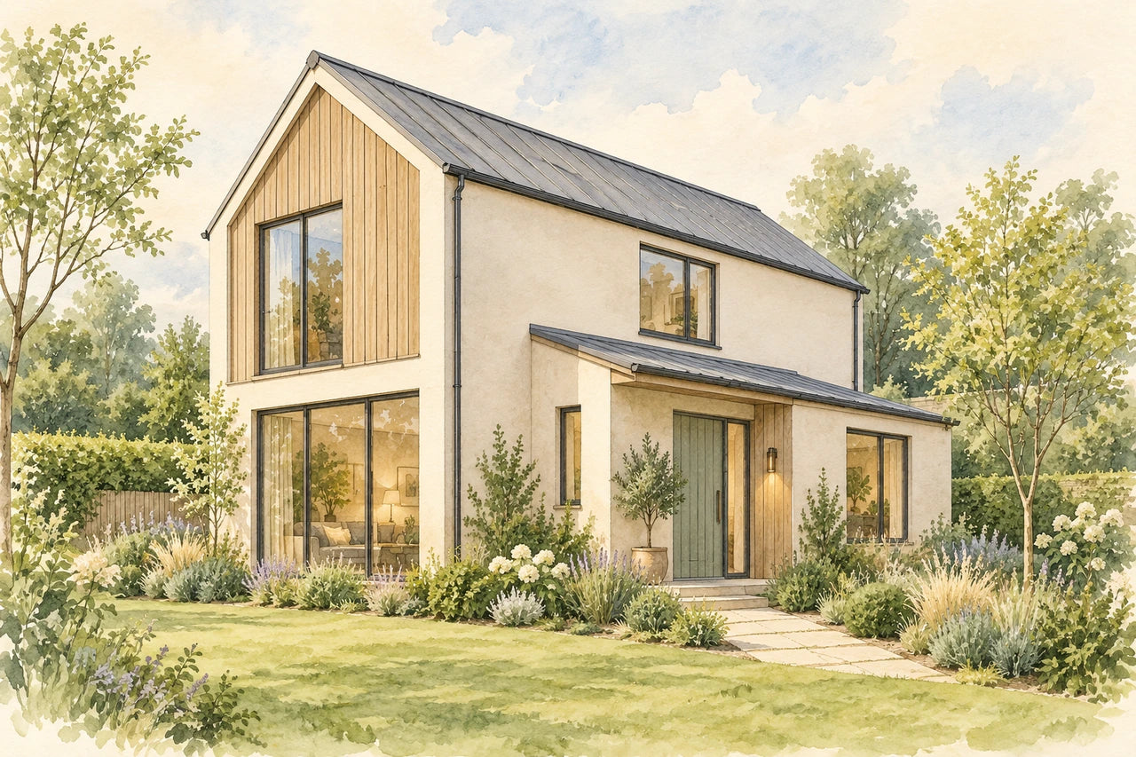 A soft architectural watercolour of an imagined contemporary ivory-and-timber home with large windows, a sage door and garden path.