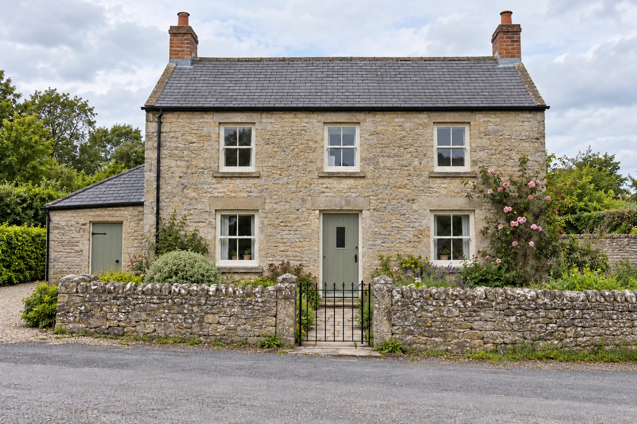 The fictional practice cottage after an AI edit removing the wheelie bin at left and parked car at right.