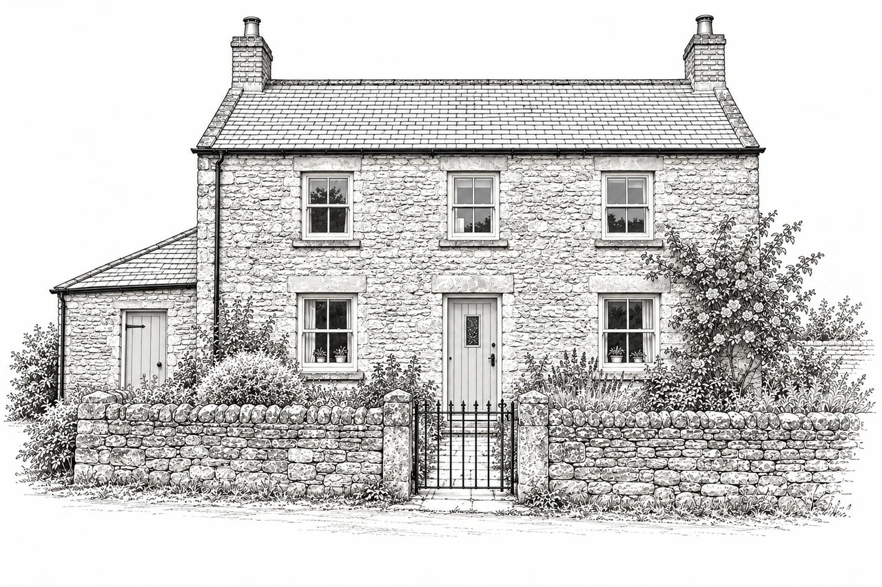 Detailed monochrome ink drawing of the practice cottage, keeping its five sash windows, two chimneys and left lean-to.