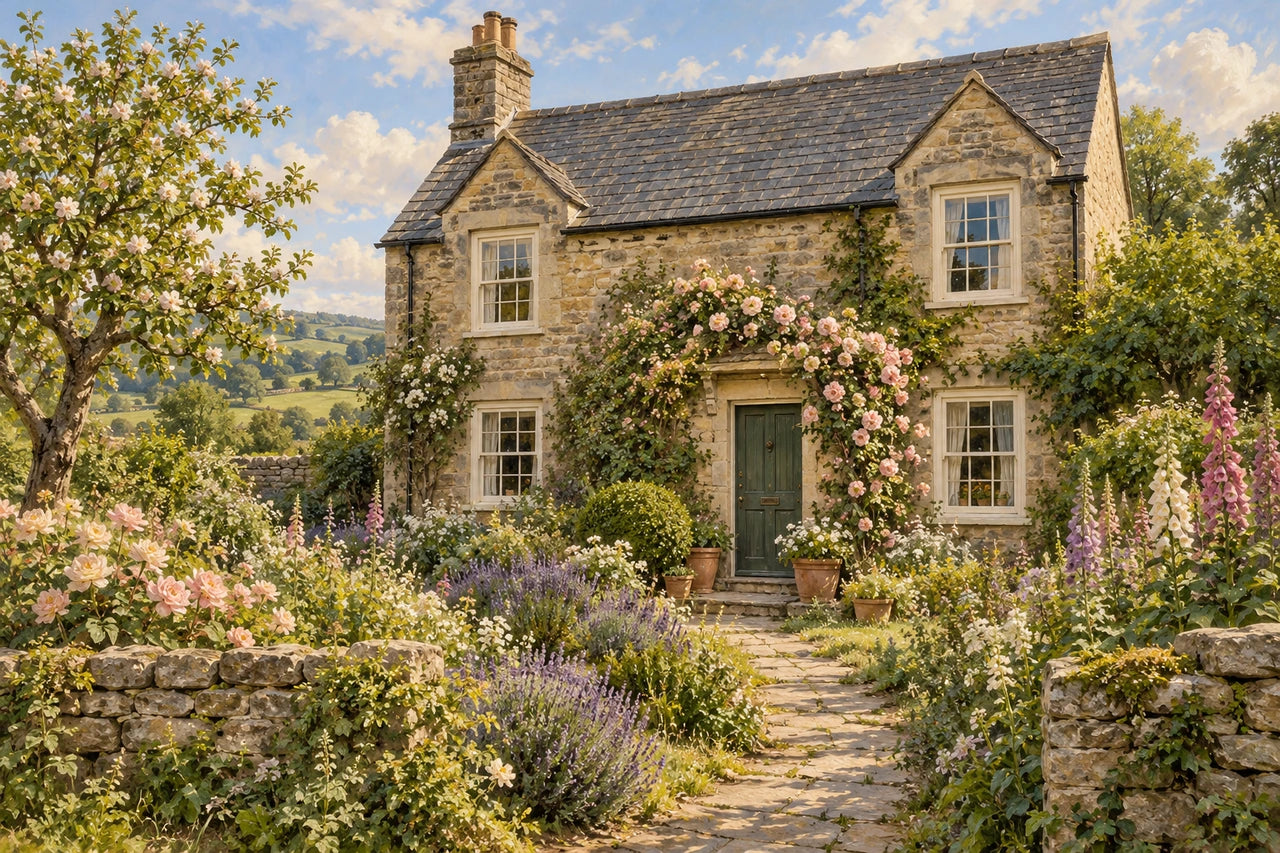 An atmospheric oil-style portrait of a fictional Yorkshire stone family home surrounded by roses, lavender and an established cottage garden.