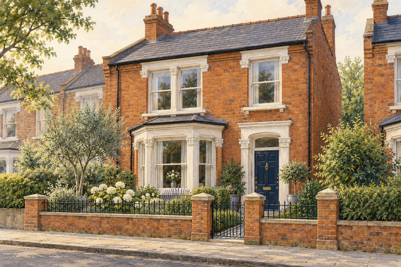 An architectural gouache-style portrait of a fictional red-brick British home with a navy front door and neat garden.