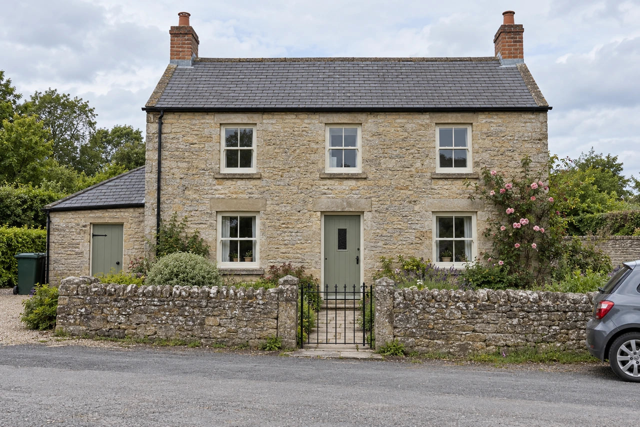 Fictional stone cottage with a central sage door, five sash windows, two chimneys, a small left lean-to, front gate, bin and parked car.