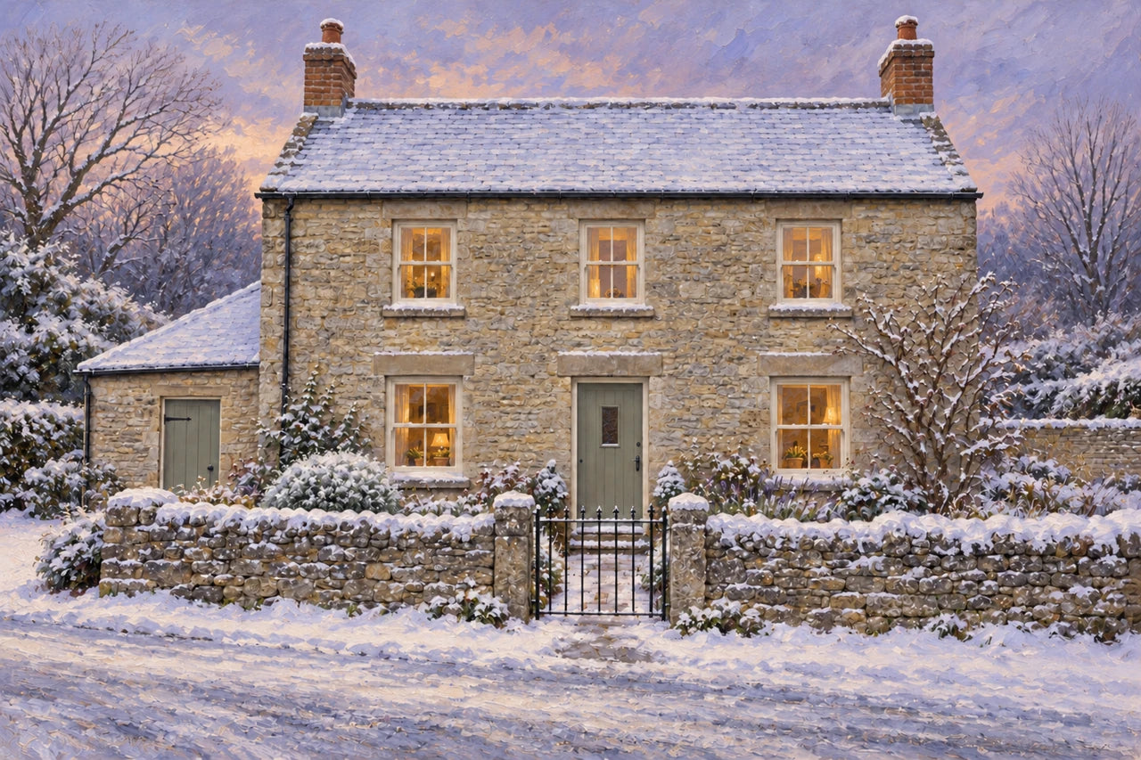Winter oil-painting interpretation of the practice cottage, with snow on the roof and wall and warm light in its five sash windows.